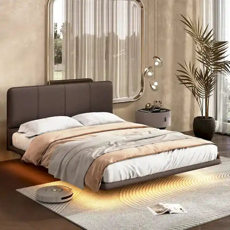 Korli Modern Upholstered Leather Floating Bedframe & Headboard Set with LED Lighting by