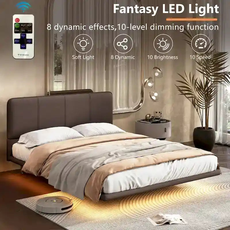 Korli Modern Upholstered Leather Floating Bedframe & Headboard Set with LED Lighting by