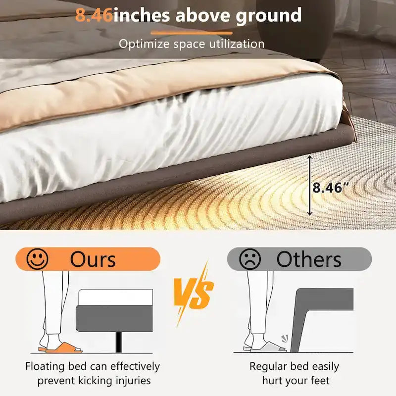 Korli Modern Upholstered Leather Floating Bedframe & Headboard Set with LED Lighting by