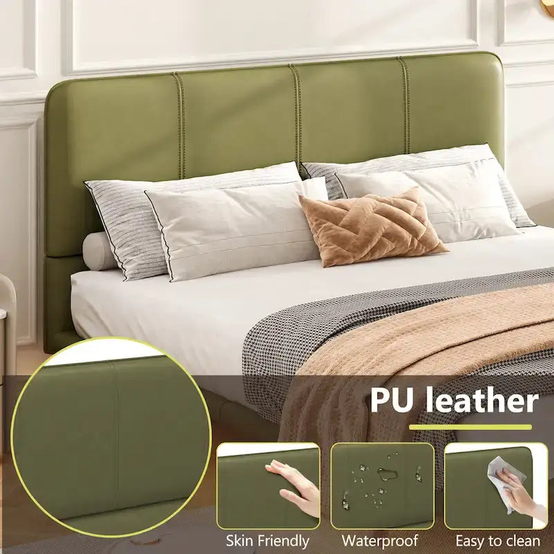 Korli Modern Upholstered Leather Floating Bedframe & Headboard Set with LED Lighting by