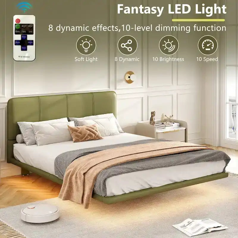 Korli Modern Upholstered Leather Floating Bedframe & Headboard Set with LED Lighting by