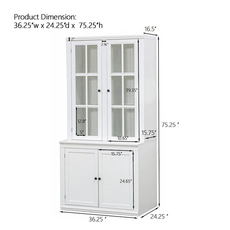 75.25Tall Display Cabinet with Tempered Glass Double Doors, Traditional Style China Cabinet for Living Room, Kitchen, Home