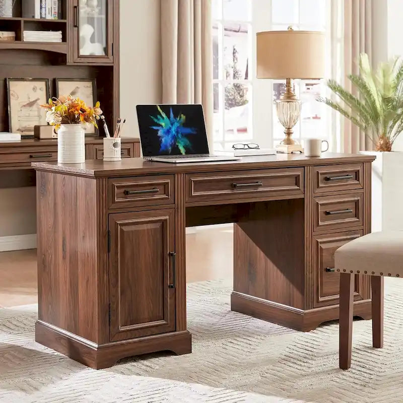 58 Large Computer Desk with Drawers, Embossed Texture Office Desk