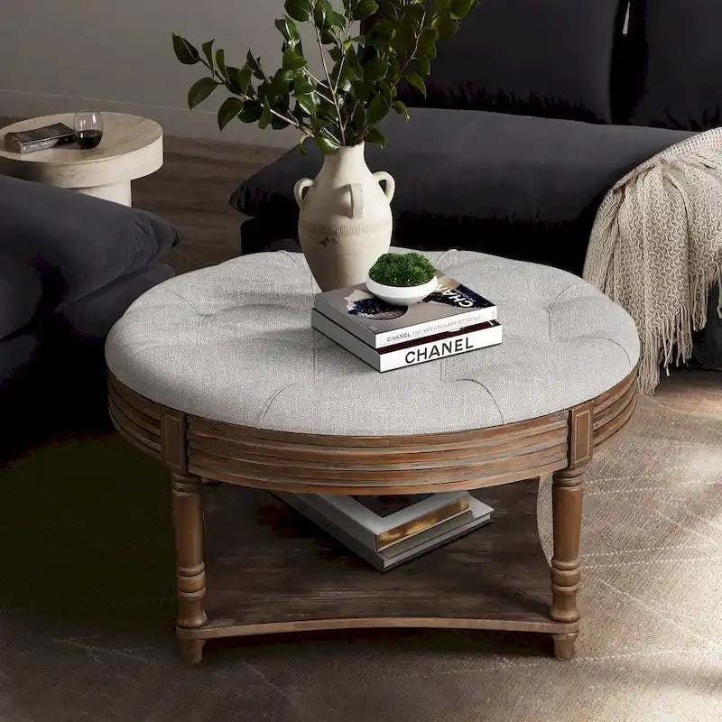 Large Round WaterProof Ottoman Coffee Table 2 Tier Oversized Button Tufted Ottoman with Wooden Upholstered Coffee Table