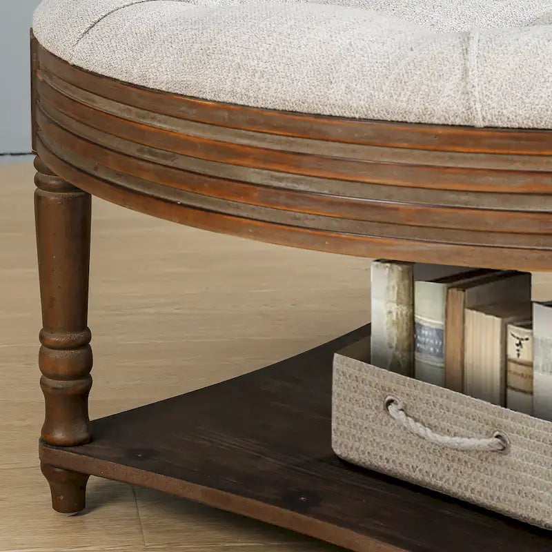 Large Round WaterProof Ottoman Coffee Table 2 Tier Oversized Button Tufted Ottoman with Wooden Upholstered Coffee Table