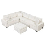Canapé d'angle en chenille convertible, canapé-lit en forme de L avec pouf de rangement, 3 oreillers et dispositifs de charge