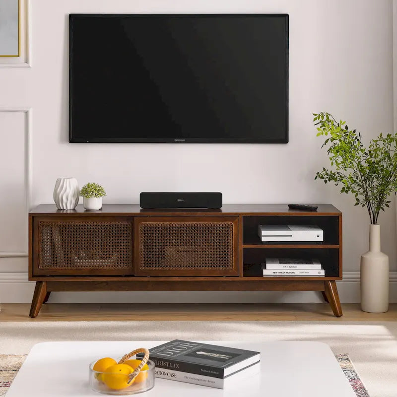 Walnut Color Wood TV Stand Mid-century Modern Rattan Sliding Doors - 15.75 x 59.00 x 19.63