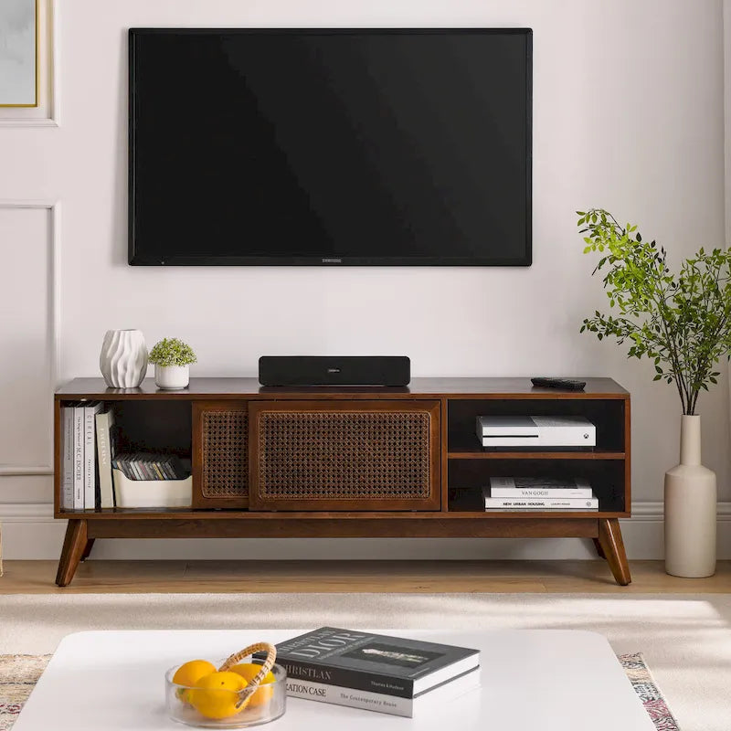 Walnut Color Wood TV Stand Mid-century Modern Rattan Sliding Doors - 15.75 x 59.00 x 19.63