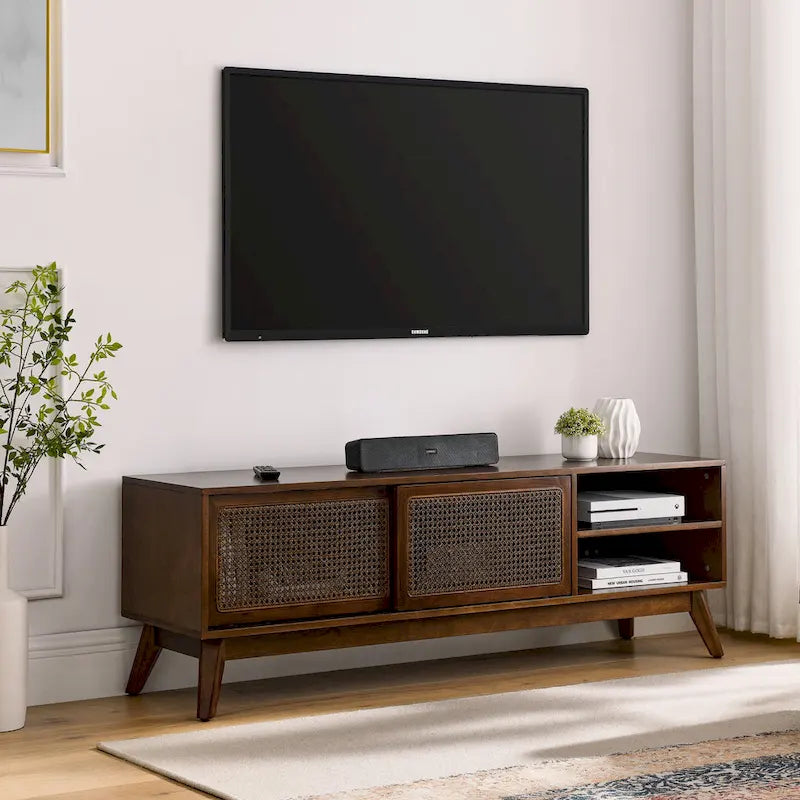 Walnut Color Wood TV Stand Mid-century Modern Rattan Sliding Doors - 15.75 x 59.00 x 19.63