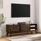 Walnut Color Wood TV Stand Mid-century Modern Rattan Sliding Doors - 15.75 x 59.00 x 19.63