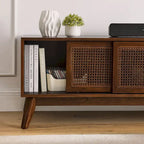 Walnut Color Wood TV Stand Mid-century Modern Rattan Sliding Doors - 15.75 x 59.00 x 19.63