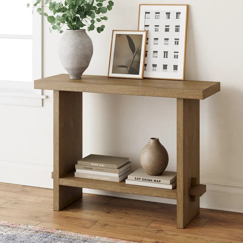 Virgo Farmhouse 2-Tier Console Table in Wire-Brushed Wood Finish