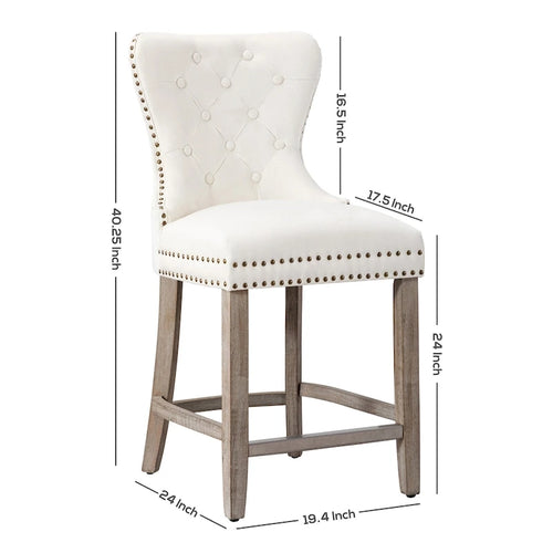 Tabouret de comptoir 24 po à dossier ailé capitonné clouté avec pattes gris antique
