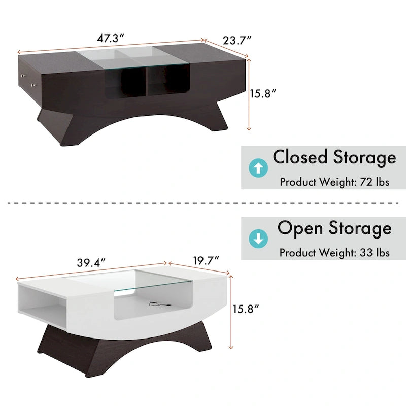 Angelic Contemporary Storage Coffee Table with Glass Insert
