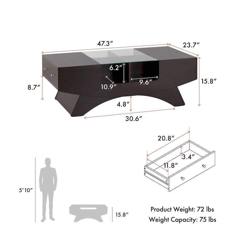 Angelic Contemporary Storage Coffee Table with Glass Insert