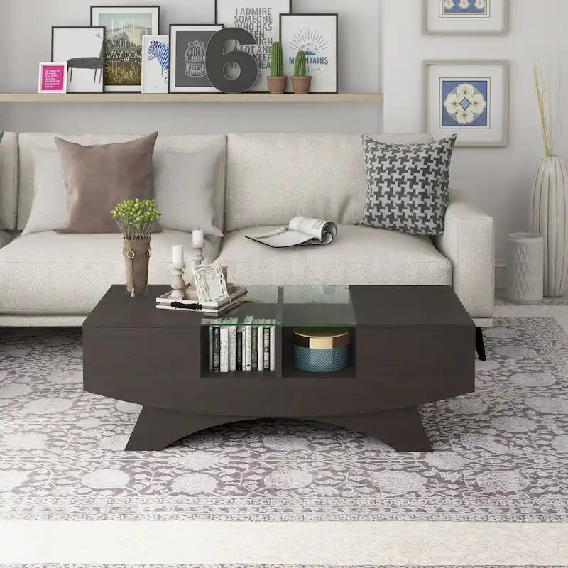 Angelic Contemporary Storage Coffee Table with Glass Insert