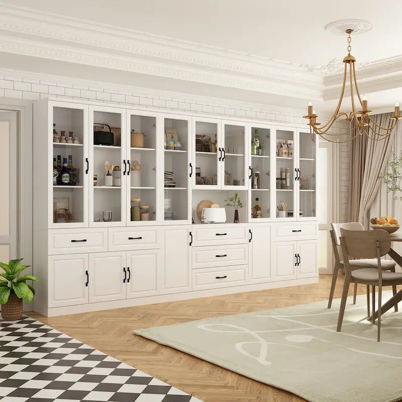 78.7Modular White Curio Bookcase Cabinet w/Glass Doors Buffet Display