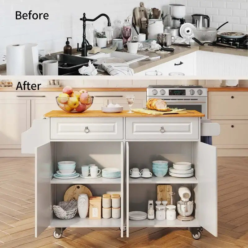 Kitchen Island Cart with Solid Wood Top and Locking Wheels