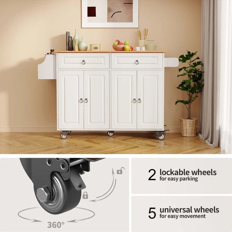 Kitchen Island Cart with Solid Wood Top and Locking Wheels