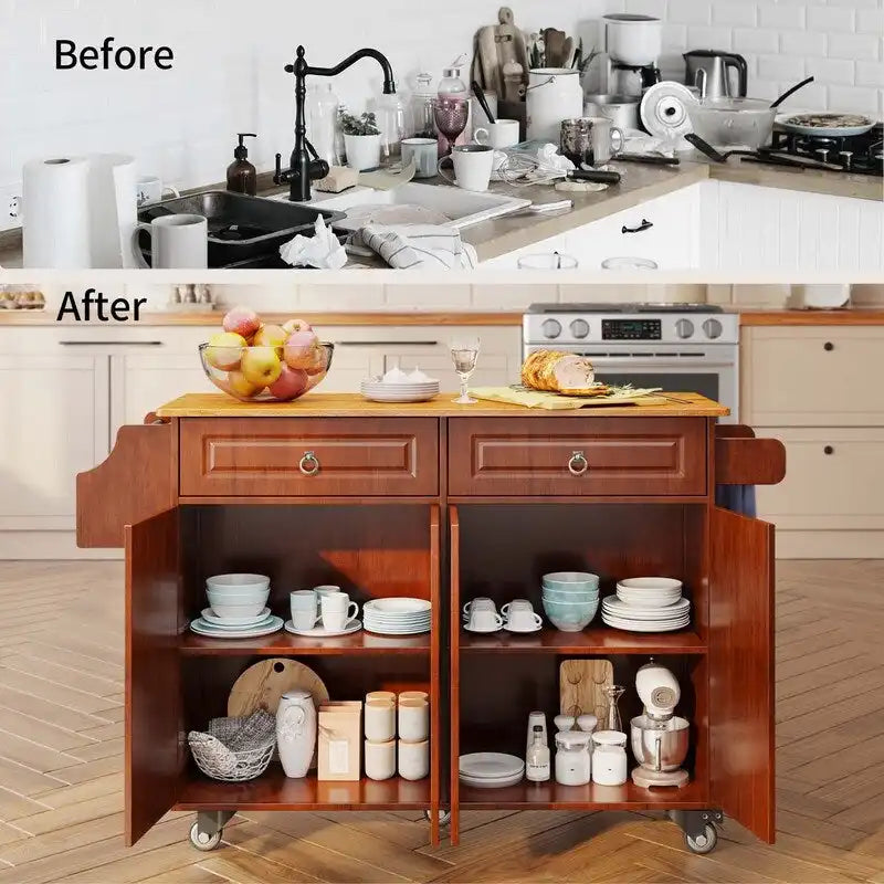 Kitchen Island Cart with Solid Wood Top and Locking Wheels