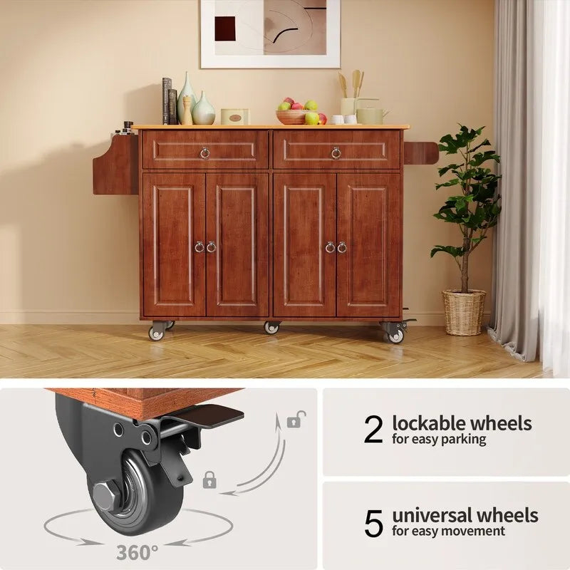 Kitchen Island Cart with Solid Wood Top and Locking Wheels