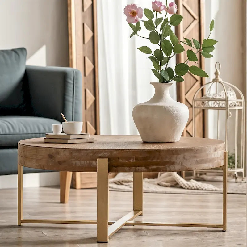33.86 Modern Retro Splicing Wooden Round Coffee Table with Cross Legs Base
