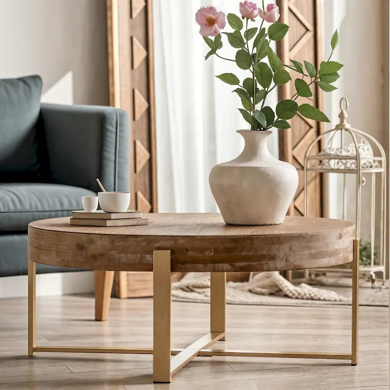 33.86 Modern Retro Splicing Wooden Round Coffee Table with Cross Legs Base