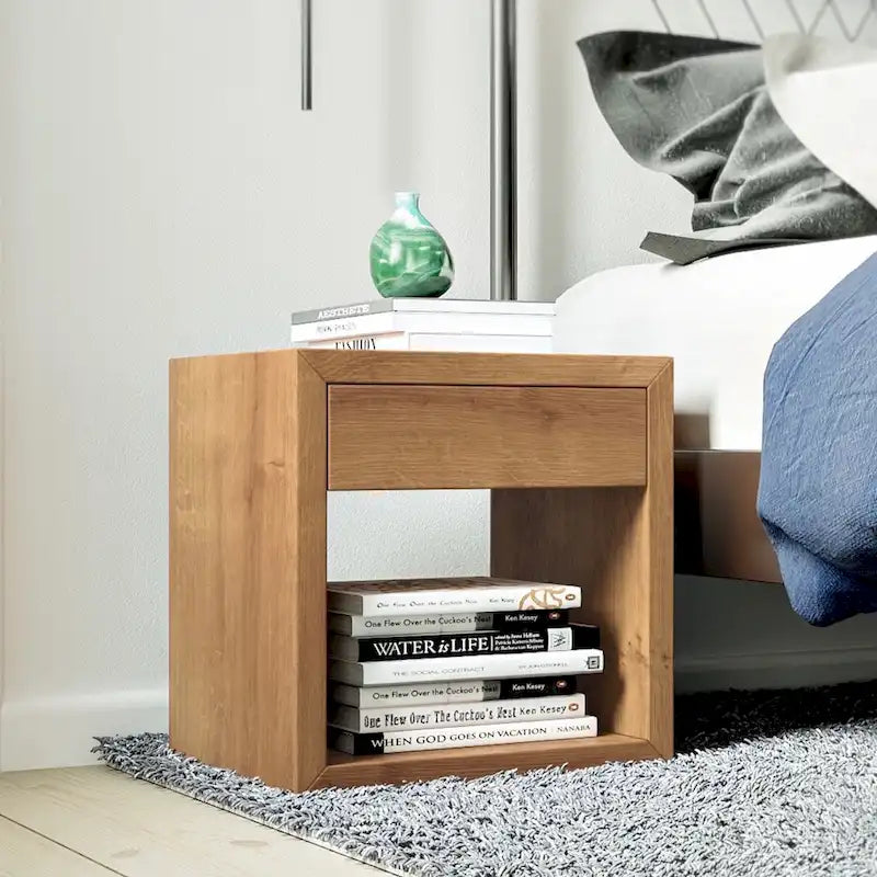 Scandinavian Floating Nightstand with Drawer, Solid Oak - Bedroom Side Table