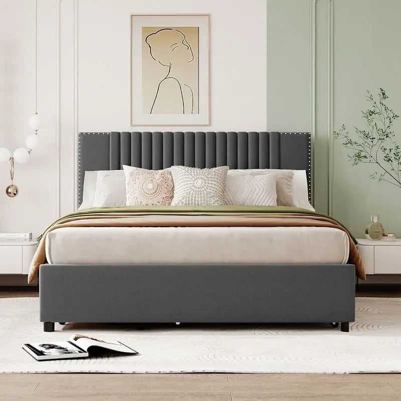 Linen Upholstered Platform Bed with 2 Drawers and Trundle,Queen/Full Size