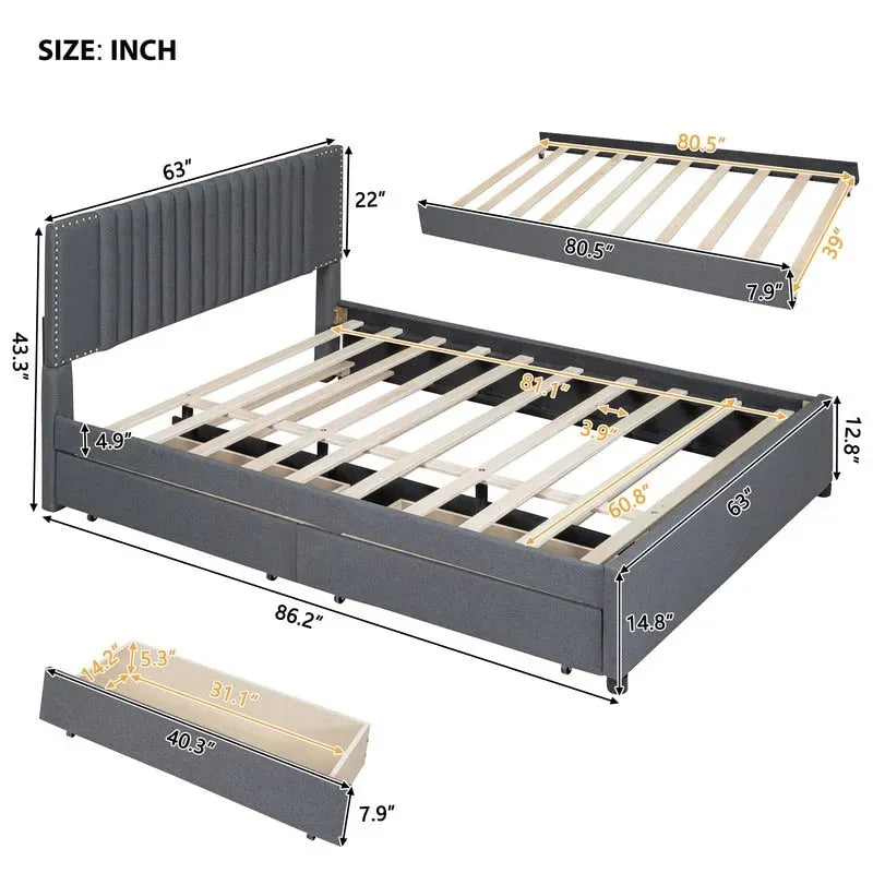 Linen Upholstered Platform Bed with 2 Drawers and Trundle,Queen/Full Size