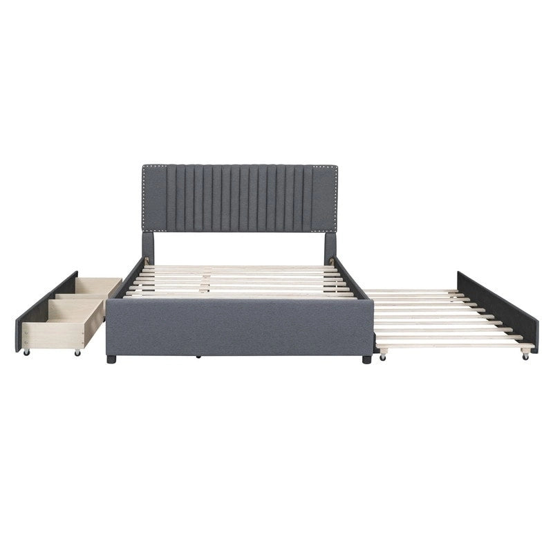 Linen Upholstered Platform Bed with 2 Drawers and Trundle,Queen/Full Size