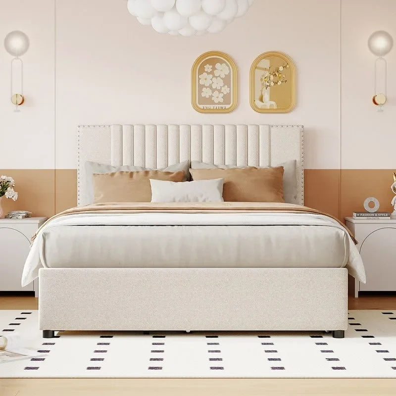 Linen Upholstered Platform Bed with 2 Drawers and Trundle,Queen/Full Size