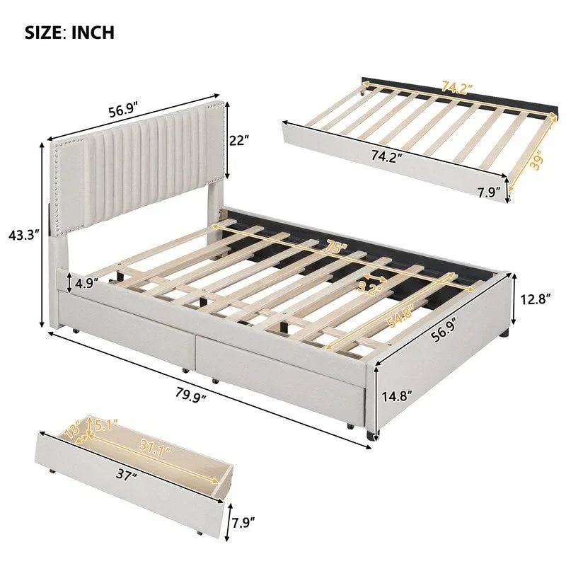 Linen Upholstered Platform Bed with 2 Drawers and Trundle,Queen/Full Size