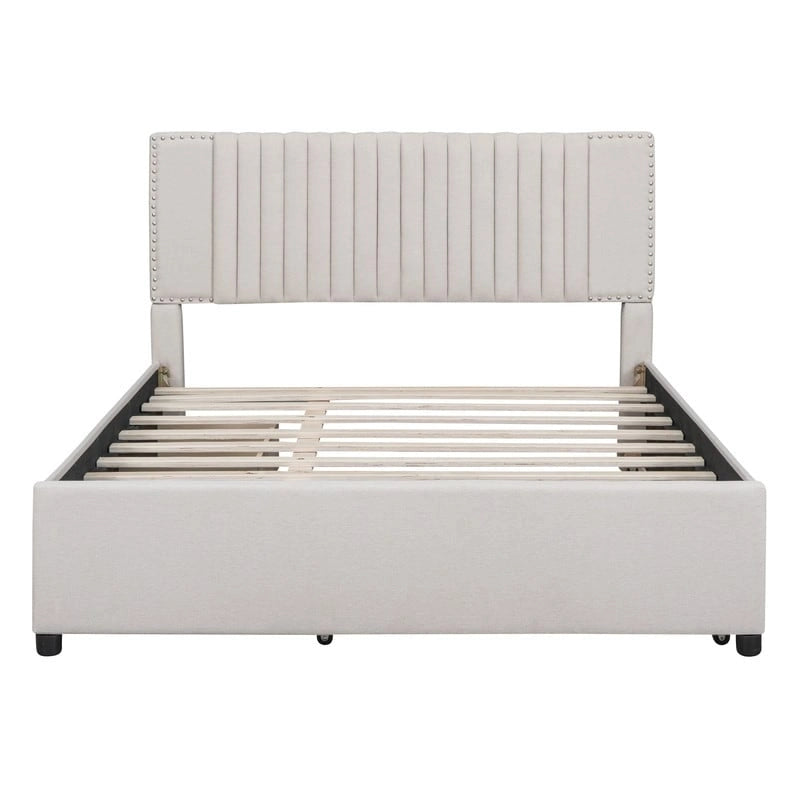 Linen Upholstered Platform Bed with 2 Drawers and Trundle,Queen/Full Size