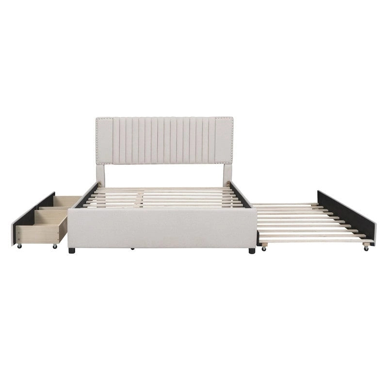 Linen Upholstered Platform Bed with 2 Drawers and Trundle,Queen/Full Size