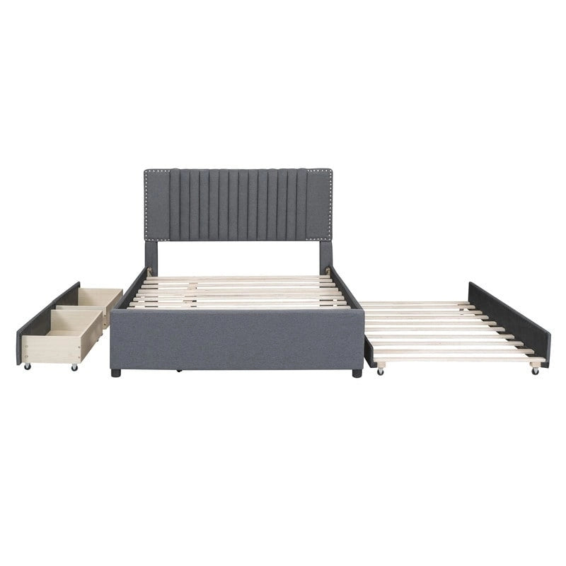 Linen Upholstered Platform Bed with 2 Drawers and Trundle,Queen/Full Size