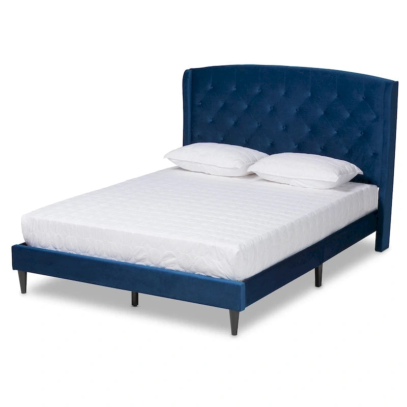 Joanna Modern and Contemporary Velvet Fabric Upholstered and Dark Brown Finished Wood Platform Bed