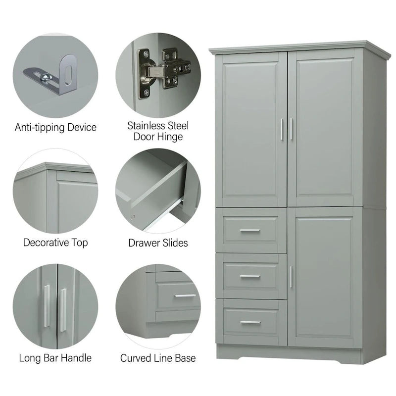 Tall and Wide Storage Cabinet with Doors for Bathroom/Office Three Drawers Grey/White/Black
