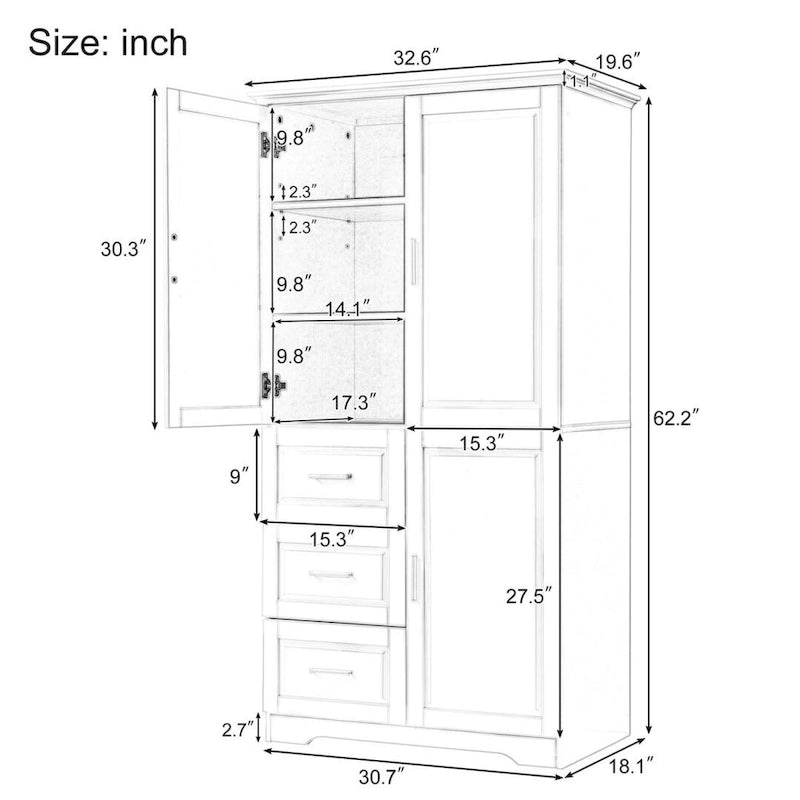 Tall and Wide Storage Cabinet with Doors for Bathroom/Office Three Drawers Grey/White/Black