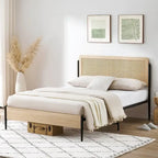 Wooden Metal Platform Bed Frame With Rattan Headboard