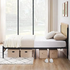 Wooden Metal Platform Bed Frame With Rattan Headboard