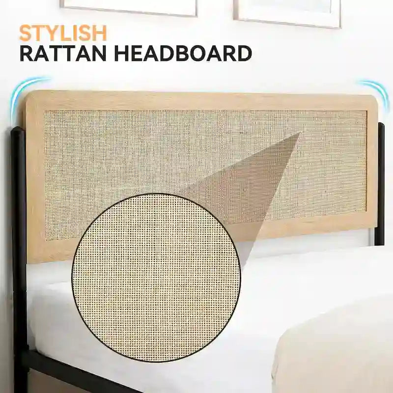 Wooden Metal Platform Bed Frame With Rattan Headboard