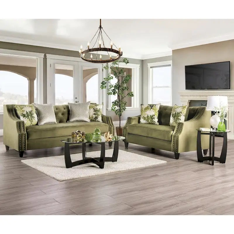 Olie Transitional Green Solid Wood Padded Loveseat by