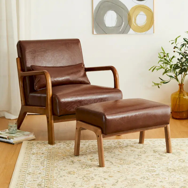 30.75H Mid-Century PU Leather Armchair with Ottoman Set
