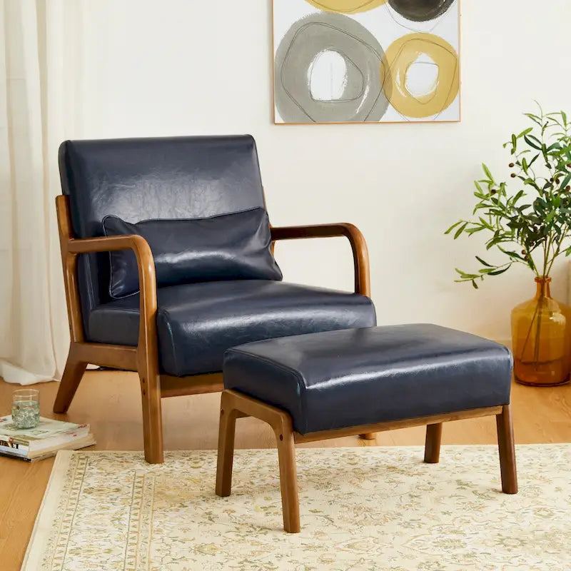 30.75H Mid-Century PU Leather Armchair with Ottoman Set