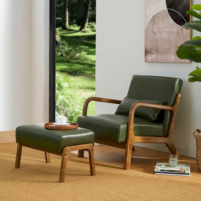 30.75H Mid-Century PU Leather Armchair with Ottoman Set