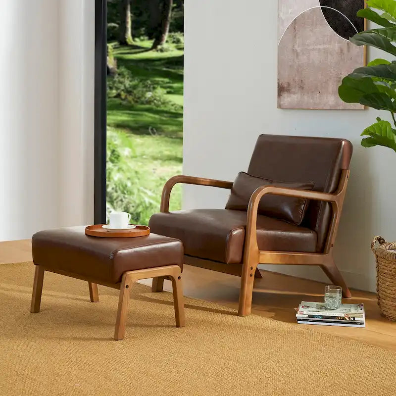 30.75H Mid-Century PU Leather Armchair with Ottoman Set