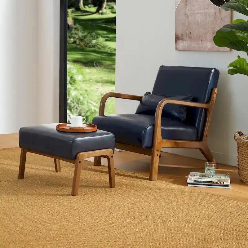 30.75H Mid-Century PU Leather Armchair with Ottoman Set