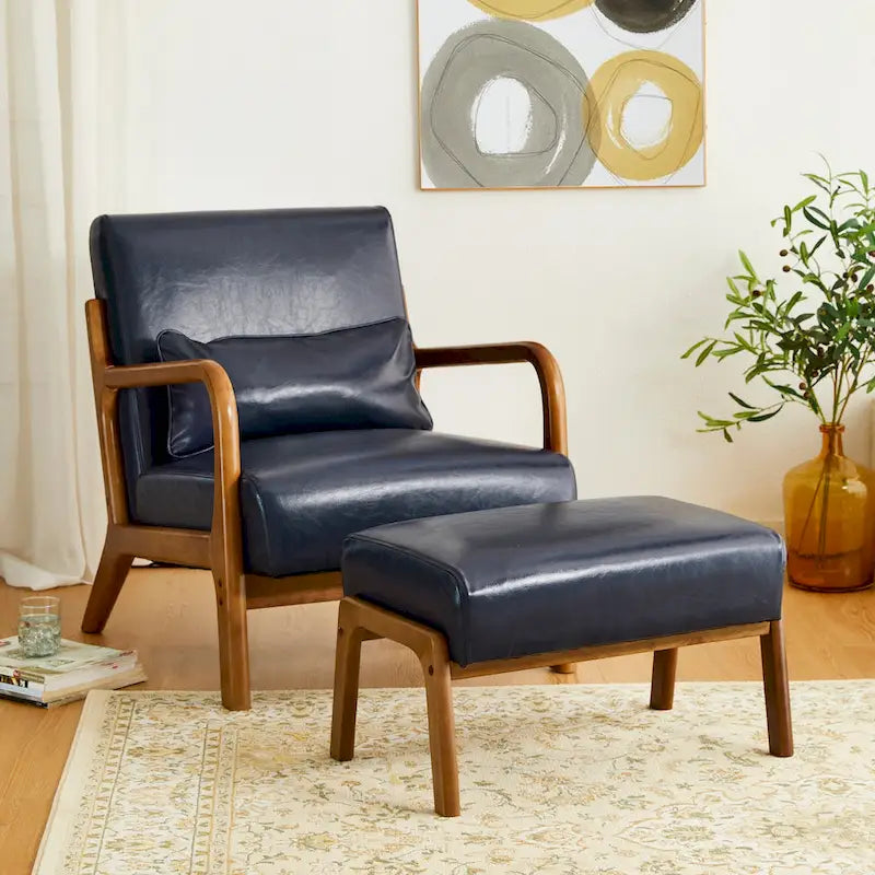 30.75H Mid-Century PU Leather Armchair with Ottoman Set