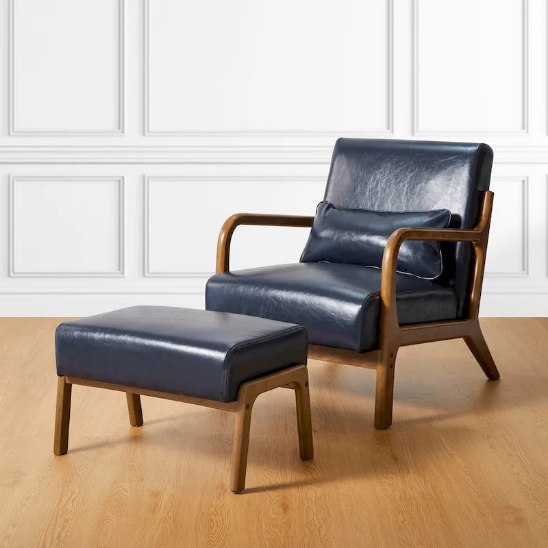 30.75H Mid-Century PU Leather Armchair with Ottoman Set